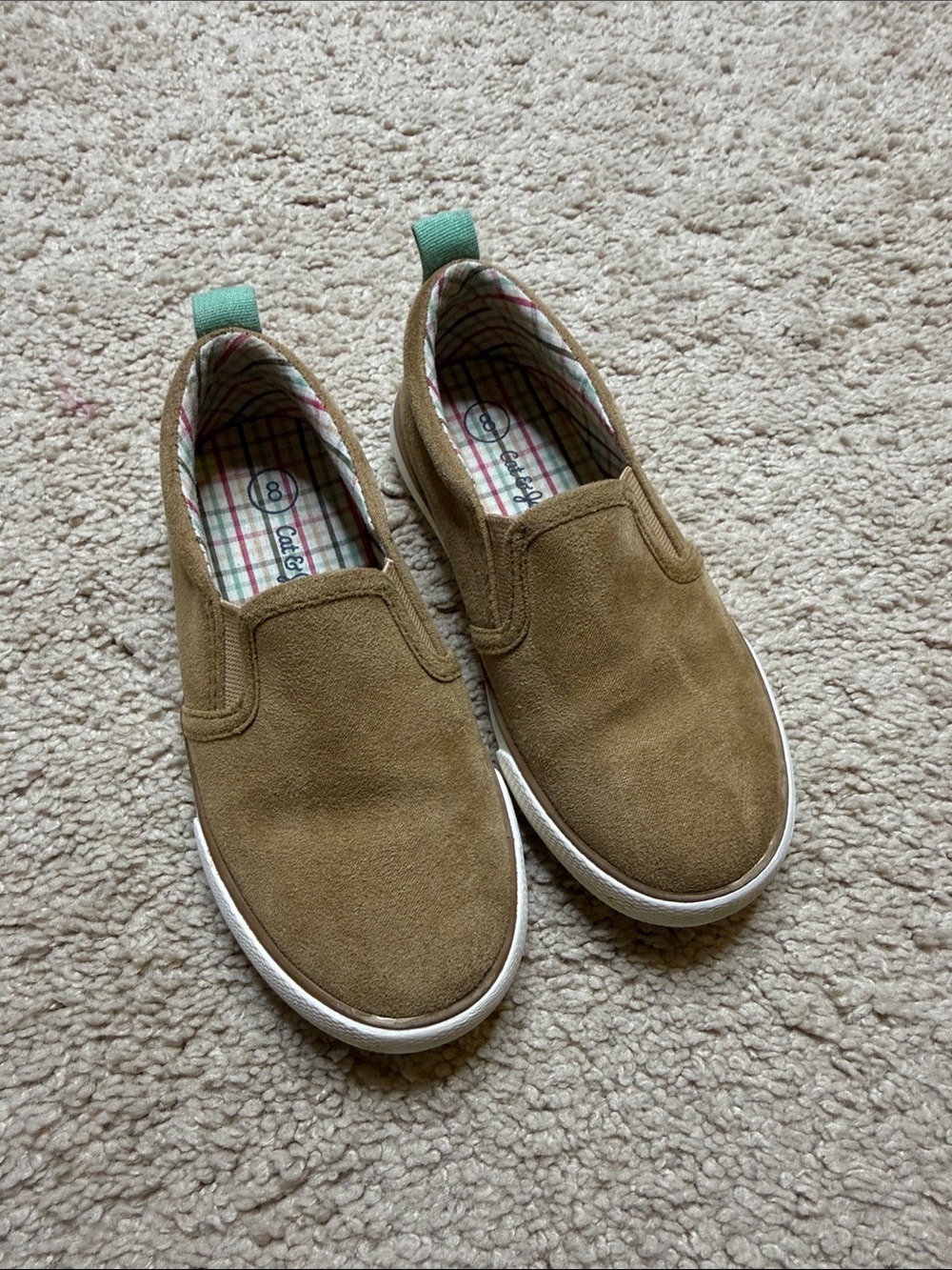 Cat & Jack Tan Slip-On Suede Sneakers with Green Heel Tab